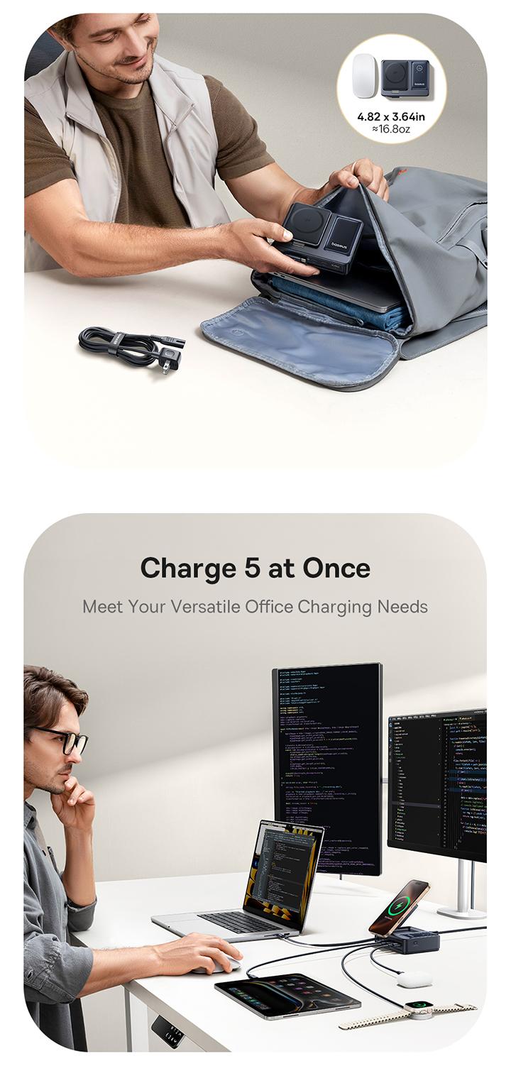 Baseus NOMOS 5-in-1 Desktop Charger 3C+U 140W US Qi2 Wireless Charging+Retractable Cable+Digital Display