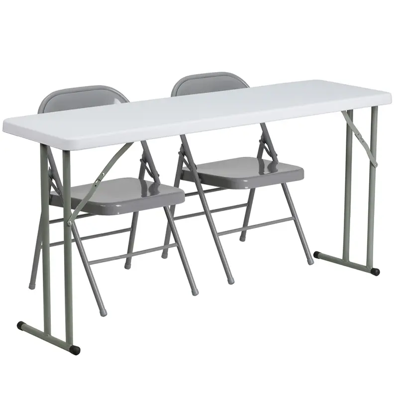 Flash Furniture RB-1860-1-GG 18x60 in. Rectangular Plastic Folding Training Table Set, with 2 Gray Metal Folding Chairs