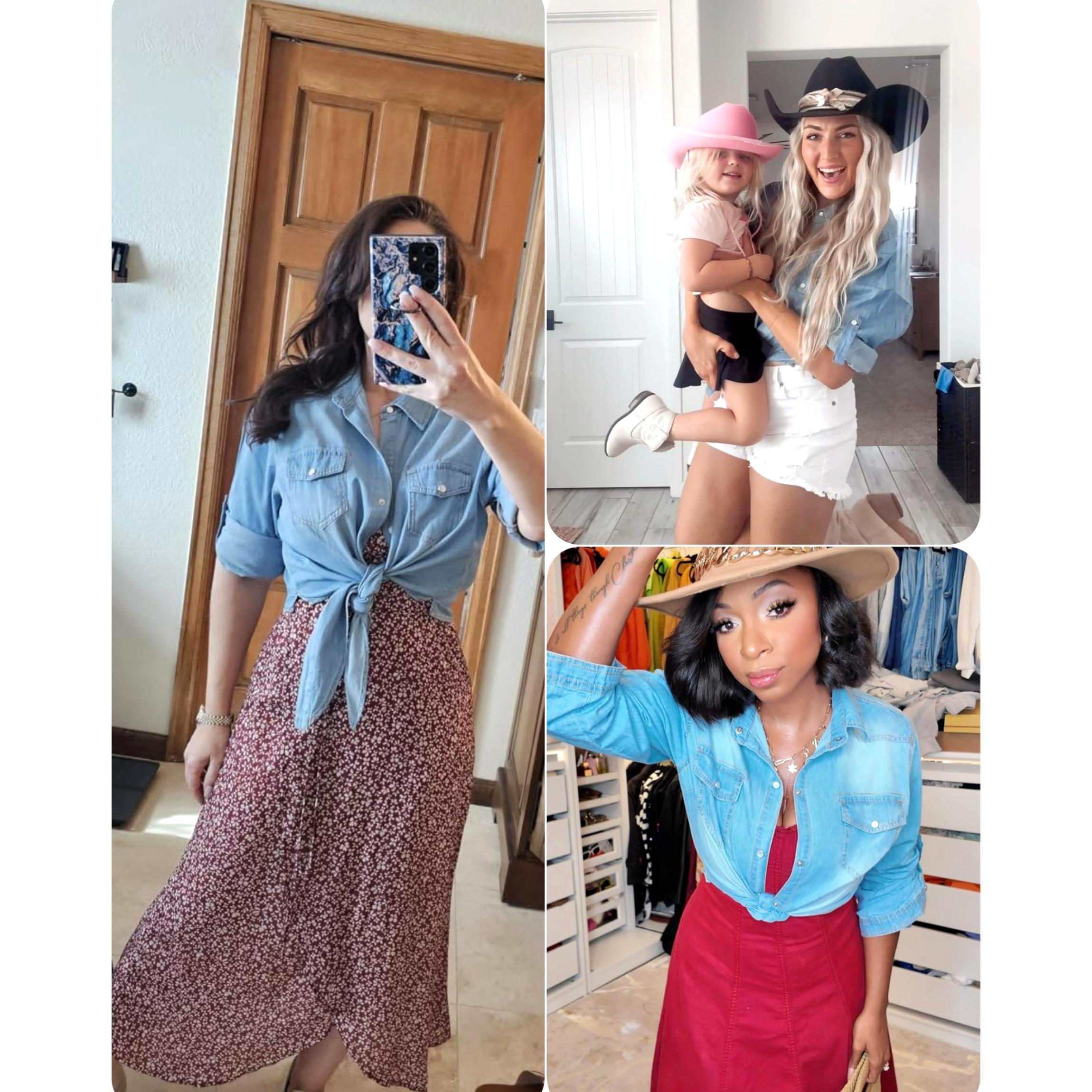 Buenoble Women’s Denim Button-Down Shirt 3/4 Sleeve Cropped Tie Waist Western Shirt Casual Trendy Fashion Top SpringStatements