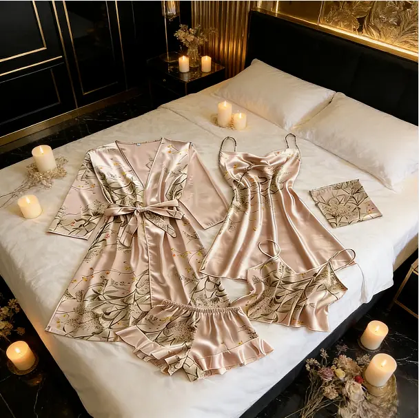 Women's 5-PCS Plant Print Satin Pajama Set - Belted Robe, Cowl Neck Night Gown, Backless Cami Top, Elastic Waist Short Set, Storage Bag - Cute PJs for Women, Casual Elegant Sleepwear Loungewear, Night Gown For Women, Short Sets For Women