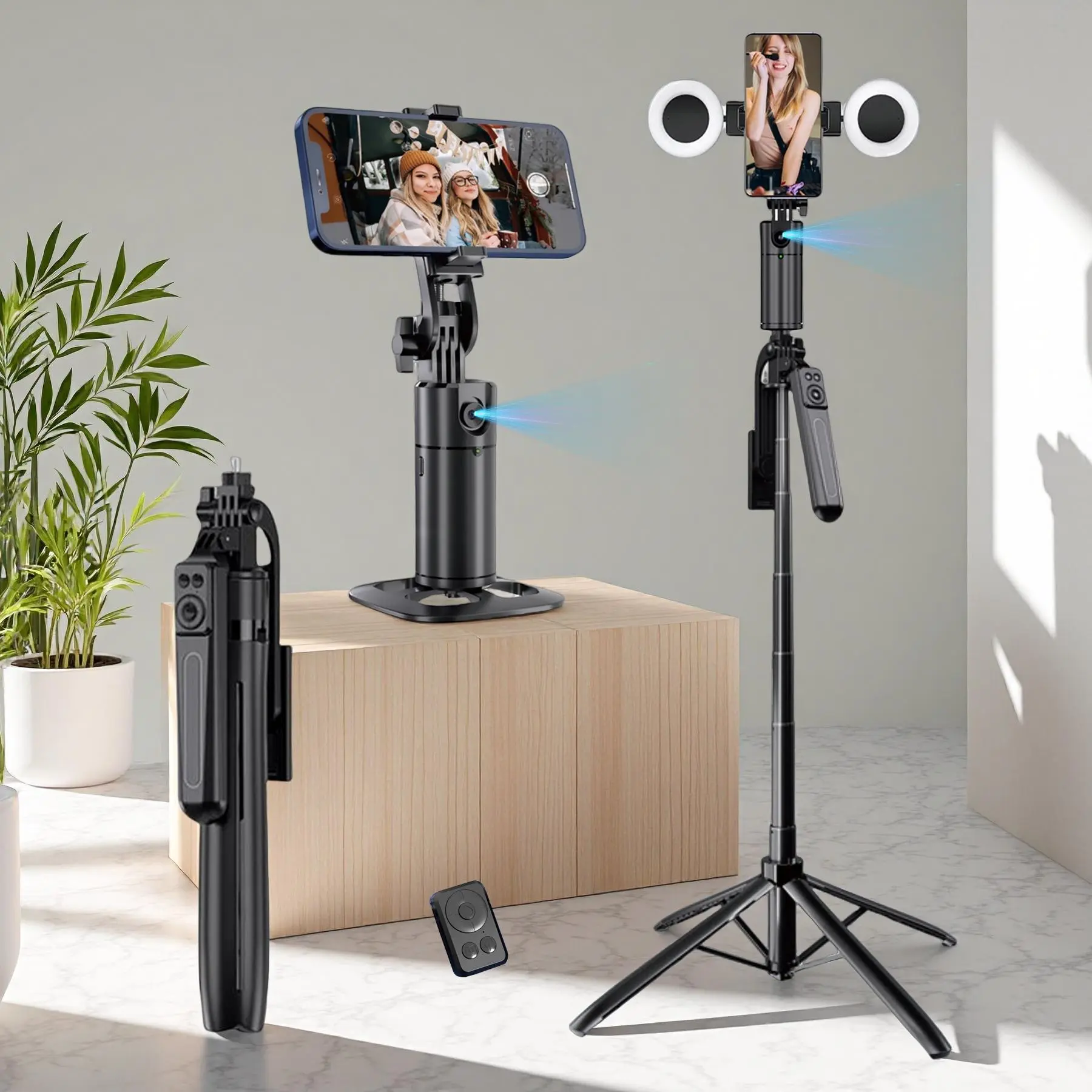 5-in-1 Mobile Gimbal Stabilizer, Compact Selfie Accessory with 70-in Foldable Tripod, 360° Rotation, Face Tracking, Fill Light, Wireless Remote Control for iOS 15+ Video Shoots