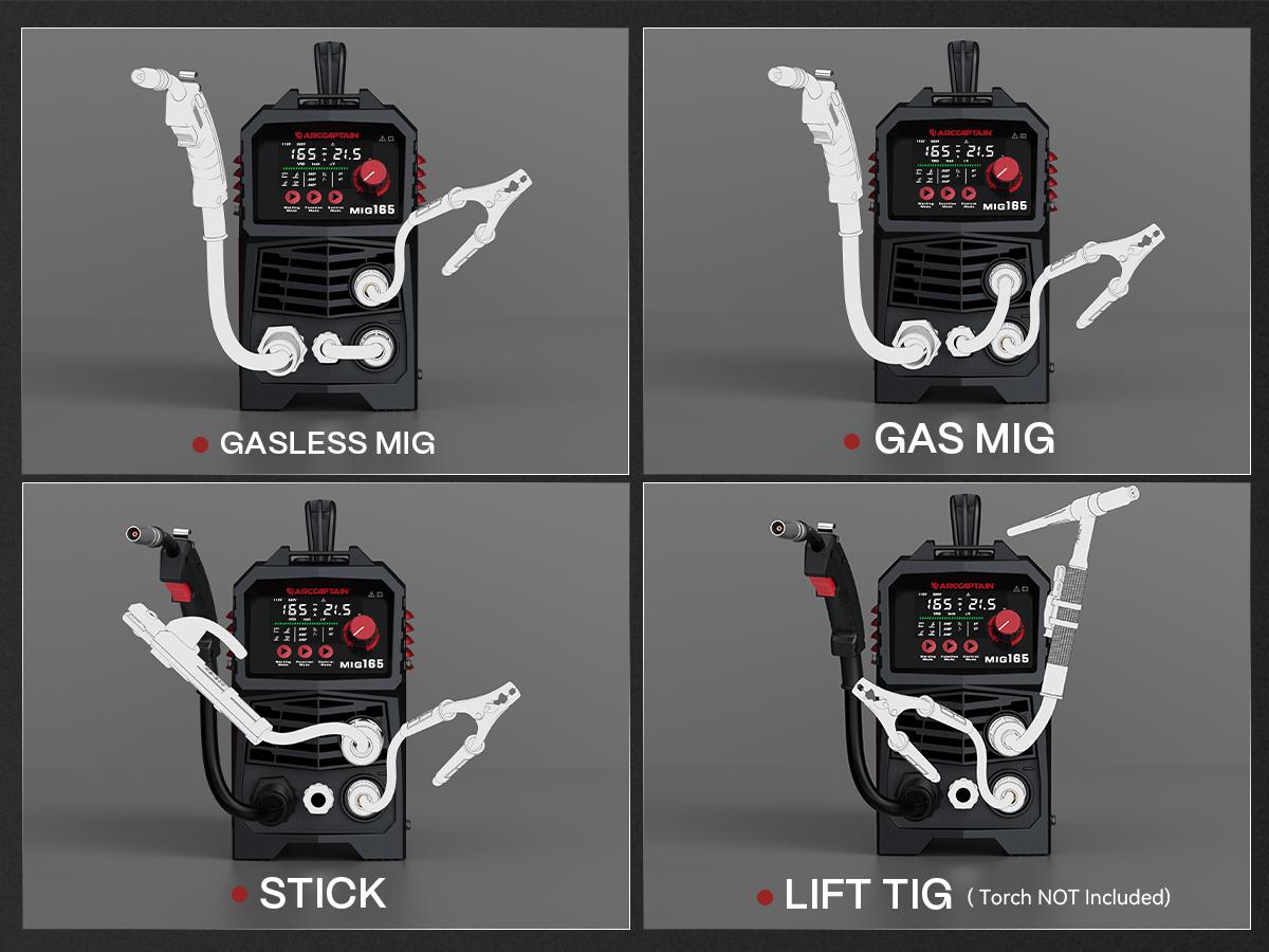 Arccaptain MIG165A MIG Welder 110V/220V, 2025 Newest [Large LED Display] 4 in 1 Gasless/Gas MIG/Lift TIG/Stick Welding Machine Multiprocess Welder Machine, IGBT Inverter Welder with Synergy, 2T/4T, Black Friday Deals, Best Gift for Man and Dad