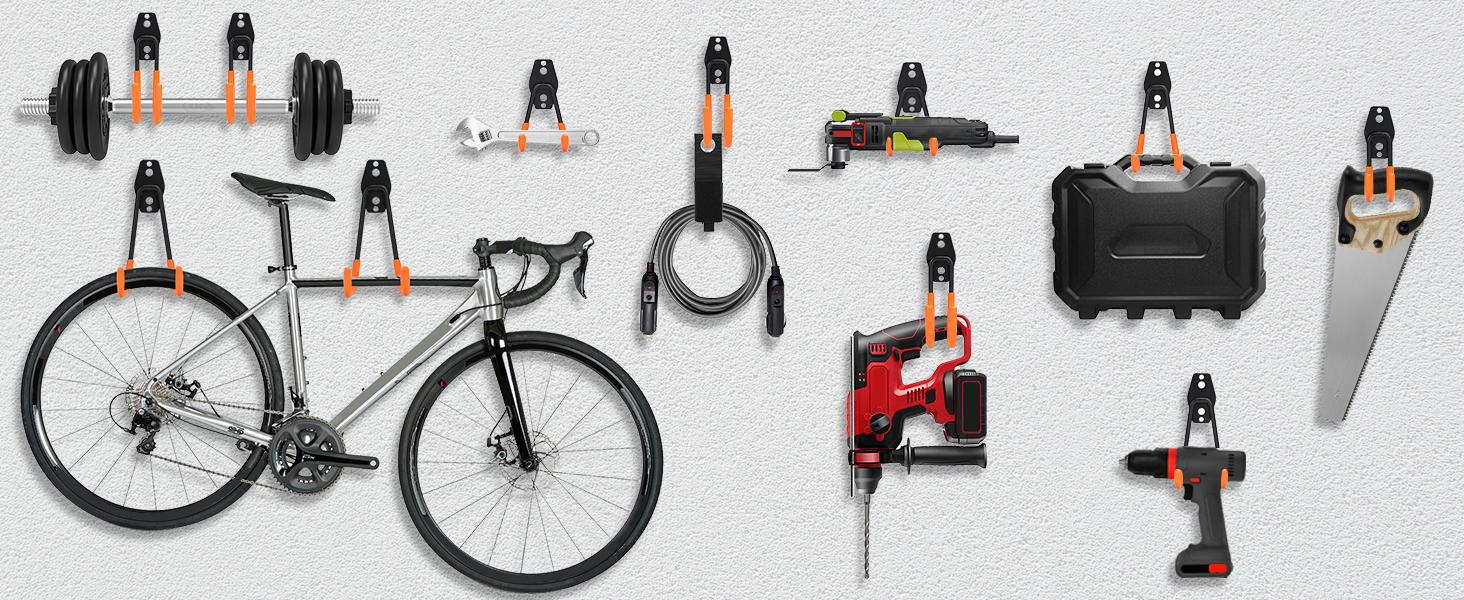 12 Pack Garage Hooks Heavy Duty Garage Organization Hooks for Tools Wall Mount Utility Hook Garage Hanger with 2 Extension Cord Straps Organiser