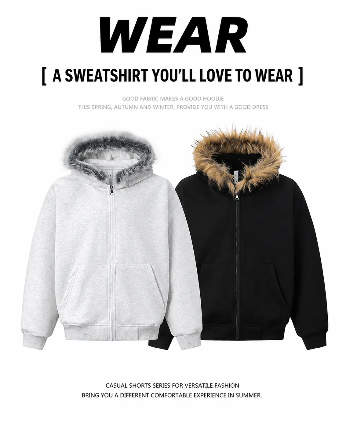 High Waist Cropped Faux Fur Trim Hooded Jacket, Loose Fit Zip Up Trendy Outerwear, Y2K Streetwear Hoodie Coat, Casual Long Sleeve Winter Jacket with Pockets, Unisex Fashion Layering Top for Fall Winter Daily Wear Campus Style Oversized Full Zip Sweatshirt