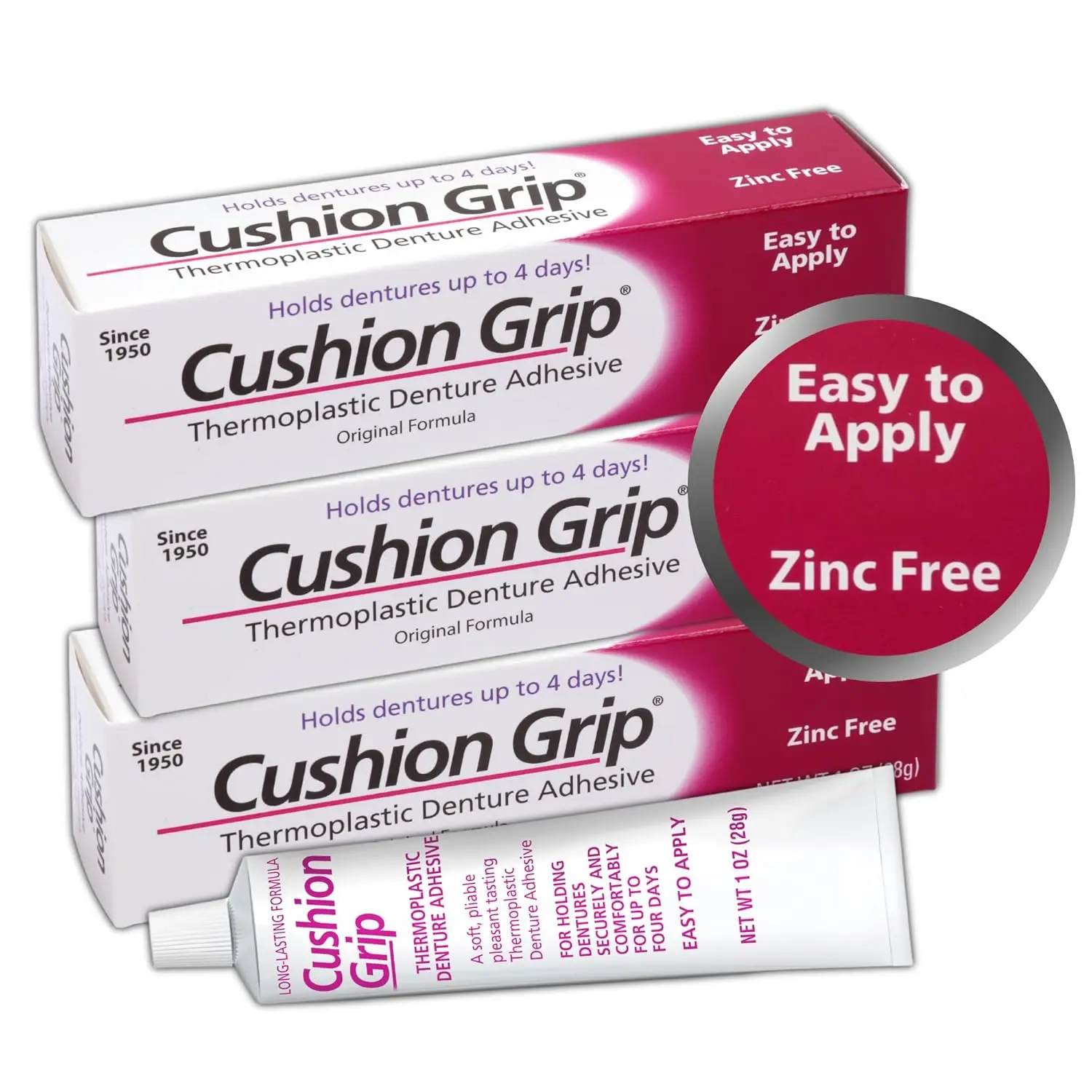 Cushion Grip Thermoplastic Denture Adhesive, 1 oz - Refits and Tightens Loose Upper and Lower Dentures and Partials | Non-Glue Adhesive, Acts Like a Soft Reliner pack of 3