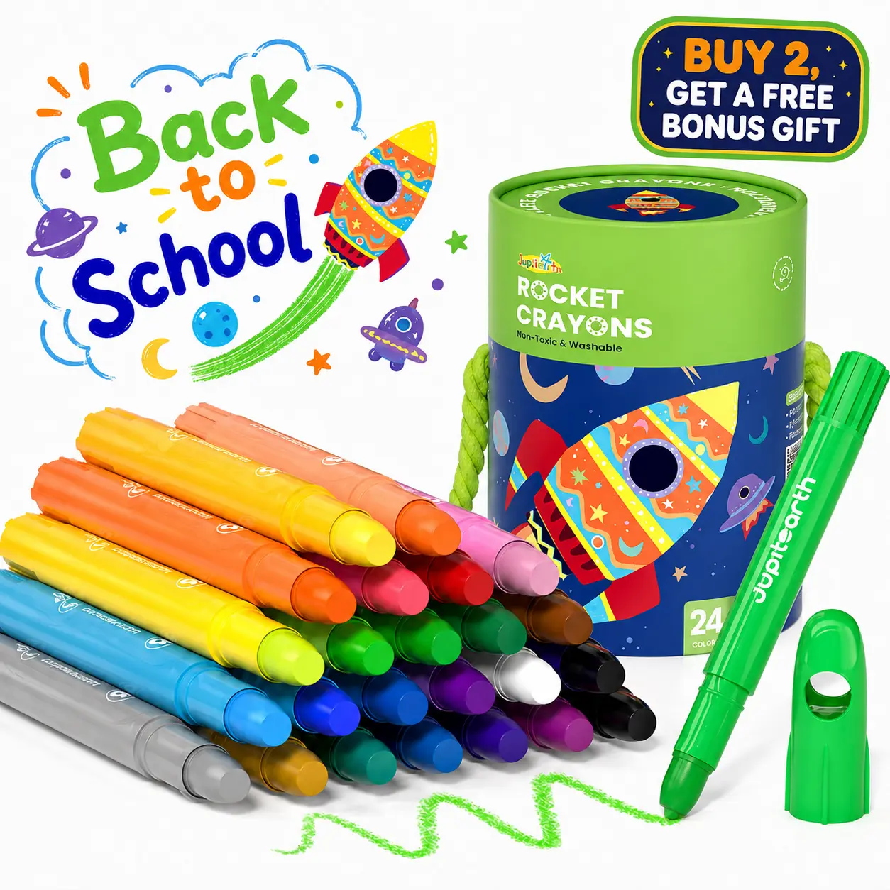 JUPITEARTH 24-Color Jumbo Rocket-Shaped Silky Crayons for Toddlers - Easy-Grip Twistable Non-Toxic Washable Set with Storage Bucket, Art Craft Supplies, Art Crafting Kit, Back to School Haul, Kids Toys, Open Ended Play, Classroom Prizes 02