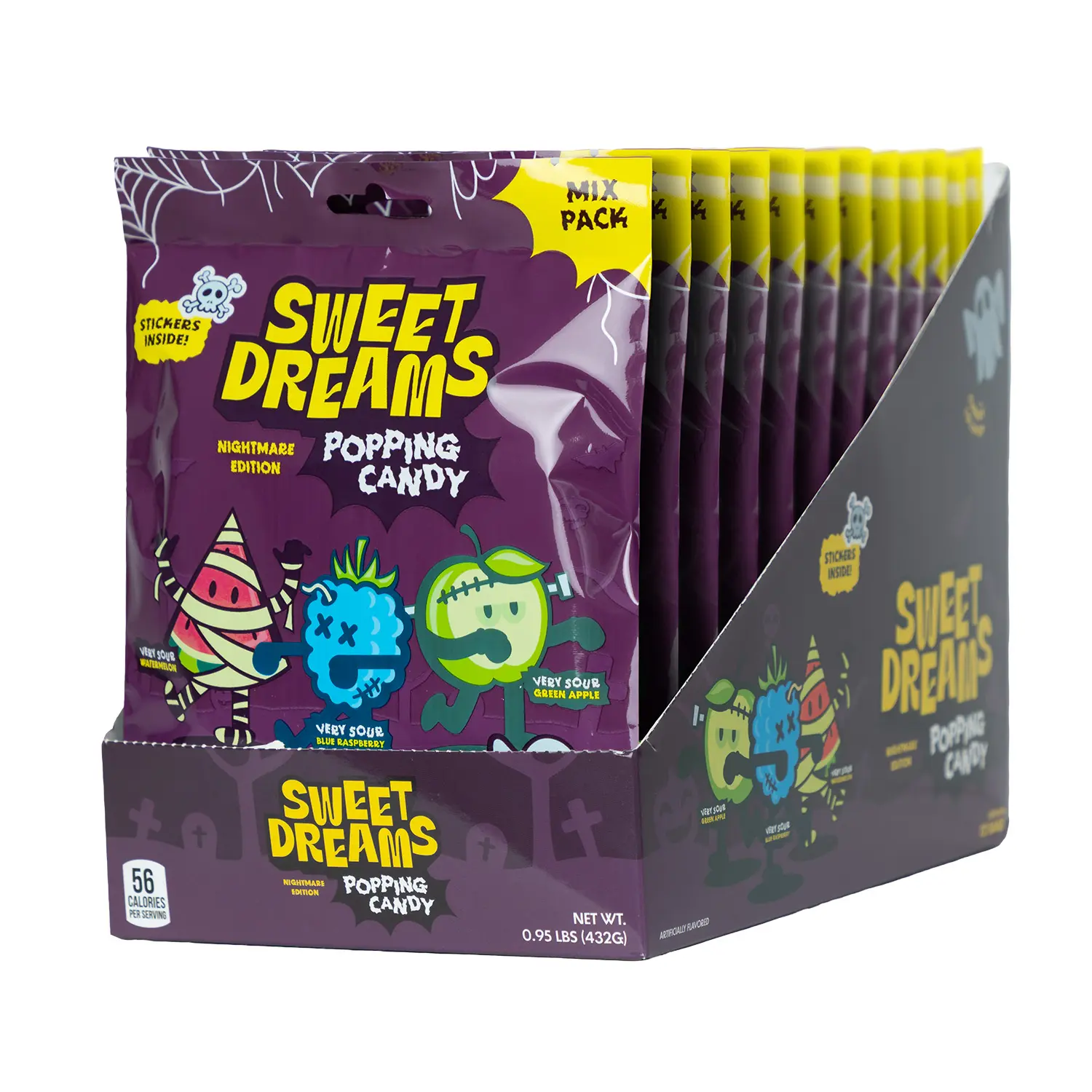 Sweet Dreams Halloween Popping Candy Lollipops Individually Wrapped, Bulk Sour Candy for Trick or Treat, Party Favors & Goodie Bags - Blue Raspberry, Watermelon & Green Apple Flavors