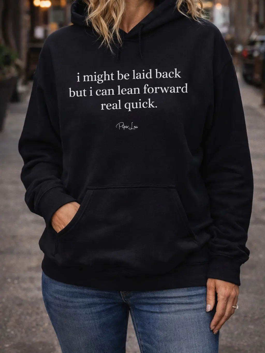 Women's Athletic Lean Back Graphic Hoodie - Soft Knit Cotton-Polyester-Spandex Fabric, Dark Heather Athleisure Evening Top with Pouch Pocket, Double-Lined Hood, Ribbed Cuff, Drawstring, Quarter-Turn, Sporty Chic Casual Ootd