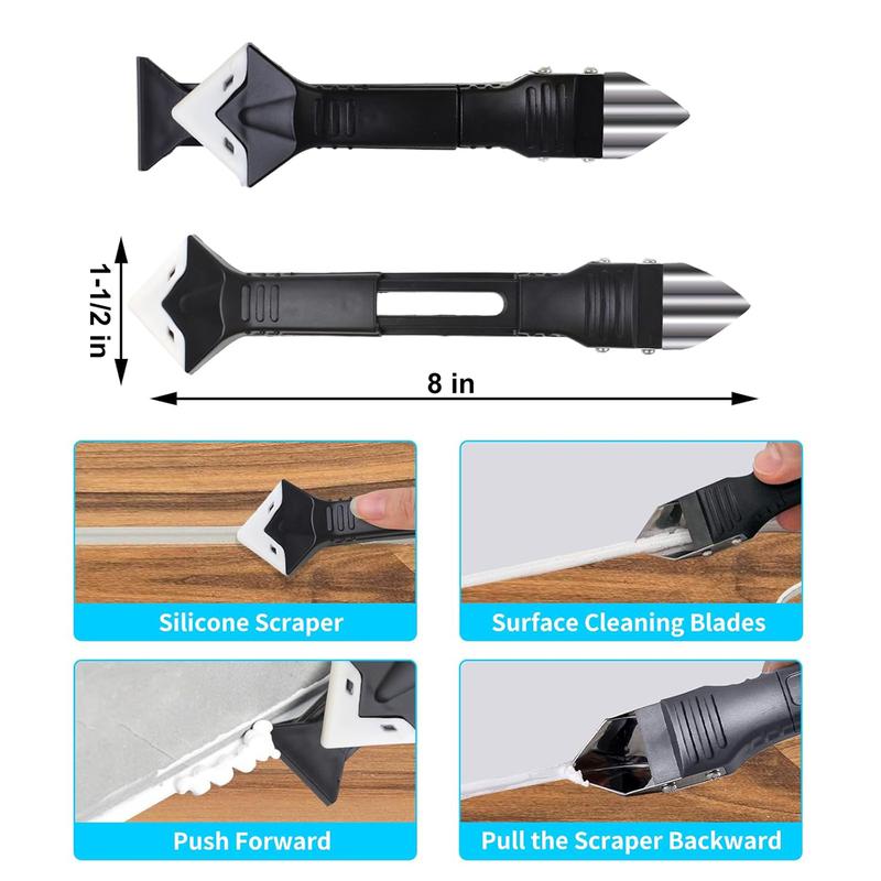 3 in 1 Silicone Caulking Tools（Stainless Steelhead）, Sealant Finishing Tool Grout Scraper, Reuse and Replace 4 Silicone Pads, Great Tools for Kitchen Bathroom Window, Sink Joint, caulk remover tool 3 in 1 caulking finishing tools