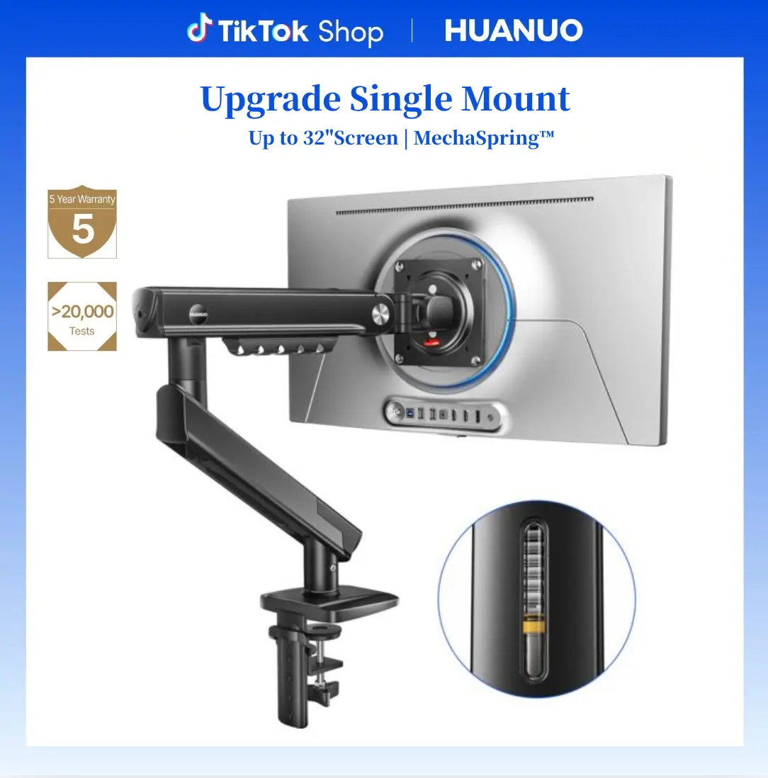 HUANUO Durable Fully Adjustable Single Monitor Desktop Mount Arm - 13-32 in Screens, 19.8 lbs Max Load, 100x100mm Max VESA, Tool-Free Installation, Cable Management & Clips Fast, Swivel, C-Clamp/Grommet, Laptop Stands & Trays, Office Desk Accessory, Pc