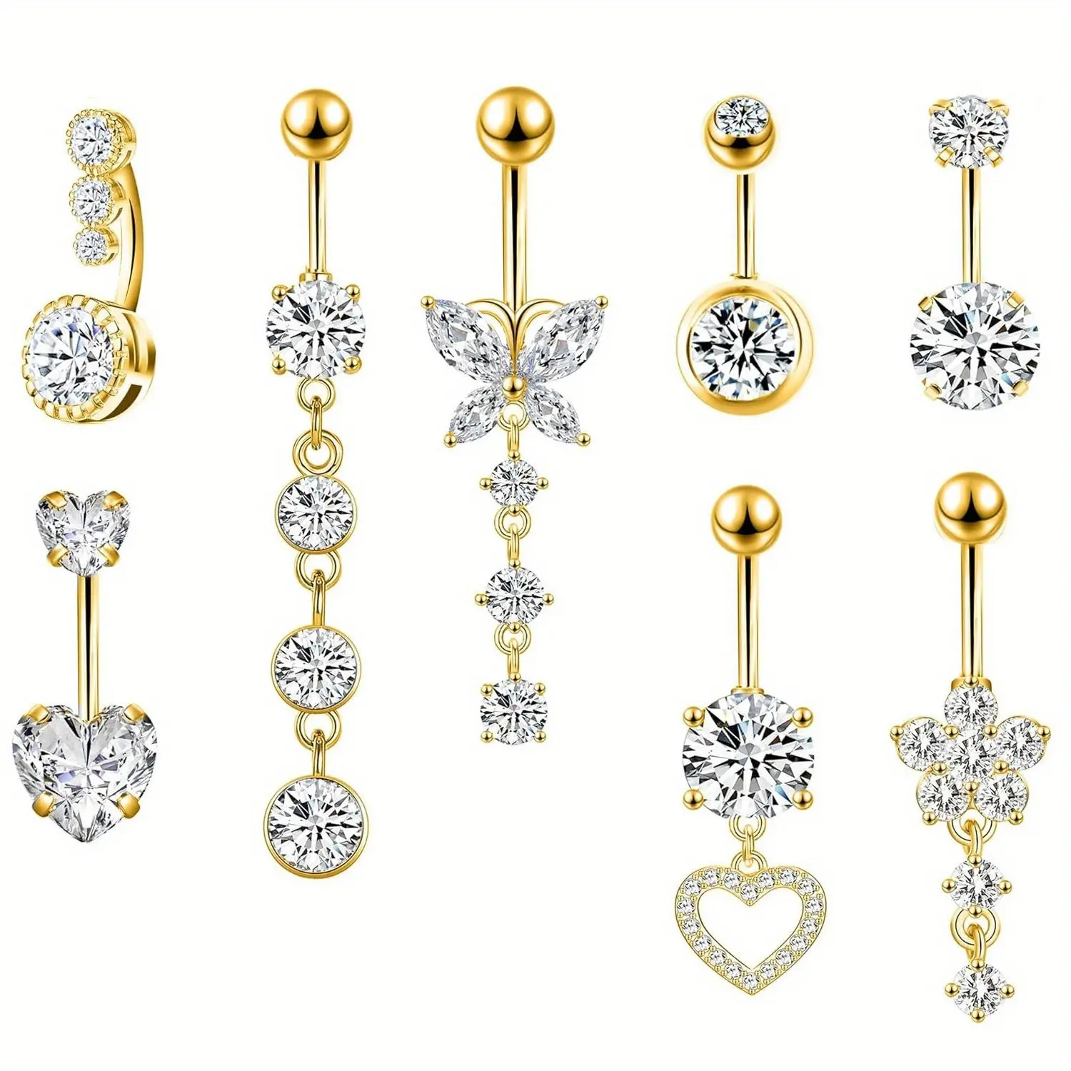 8-Piece Dangling Belly Button Rings Set for Women, Surgical Stainless Steel Navel Piercings with Flower & Heart Designs, 14G 10mm Nickel-Free, Non Tarnish Jewelry, Stylish Accessories
