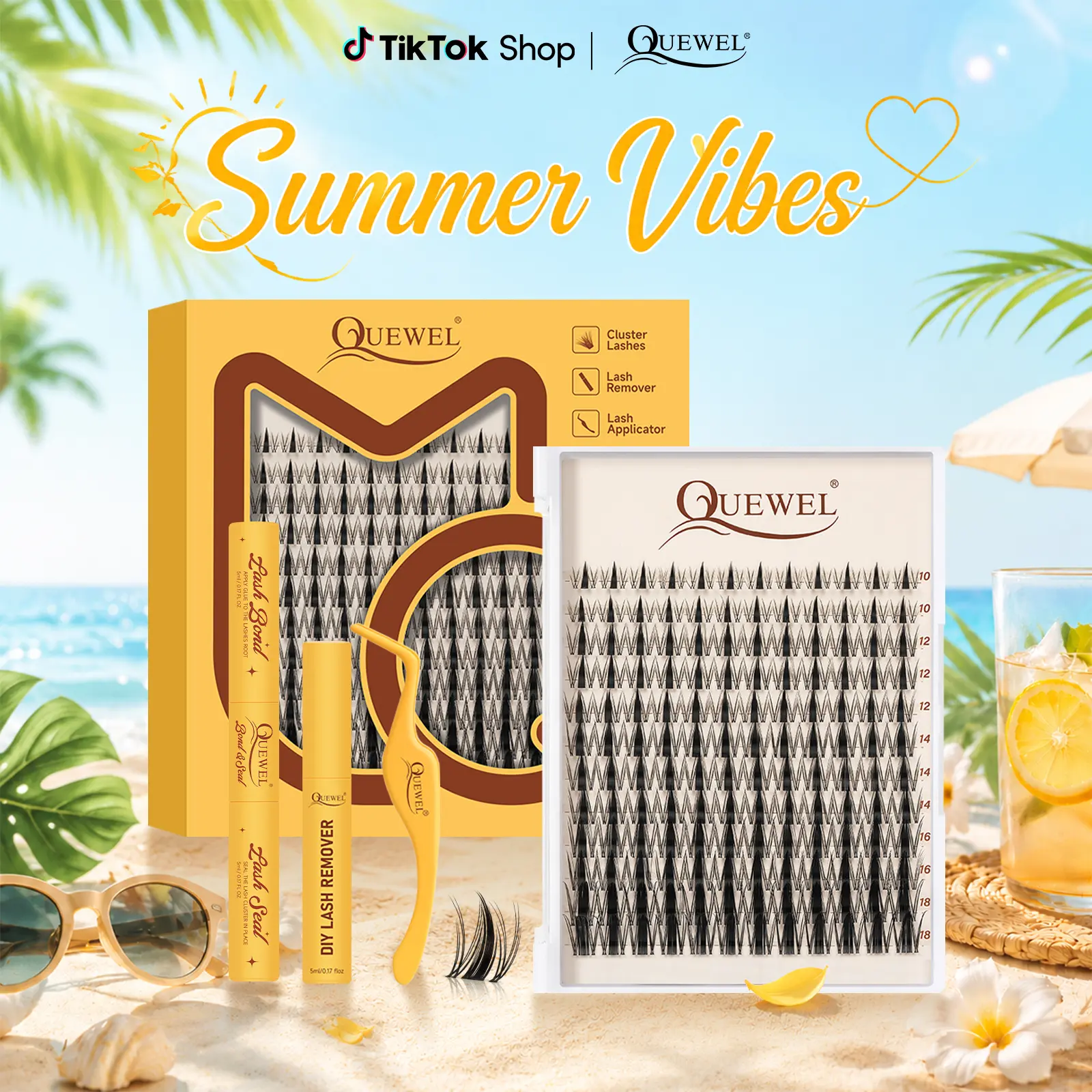 QUEWEL Fairy Manga Lash Clusters Kit Invisible Band with 144pcs Individual Lashes, C Curl for DIY Lashes, Waterproof Long Lasting, Wet Look Manga Lash Clusters Kit, Full Kit for Cute Style Spring GlowUp