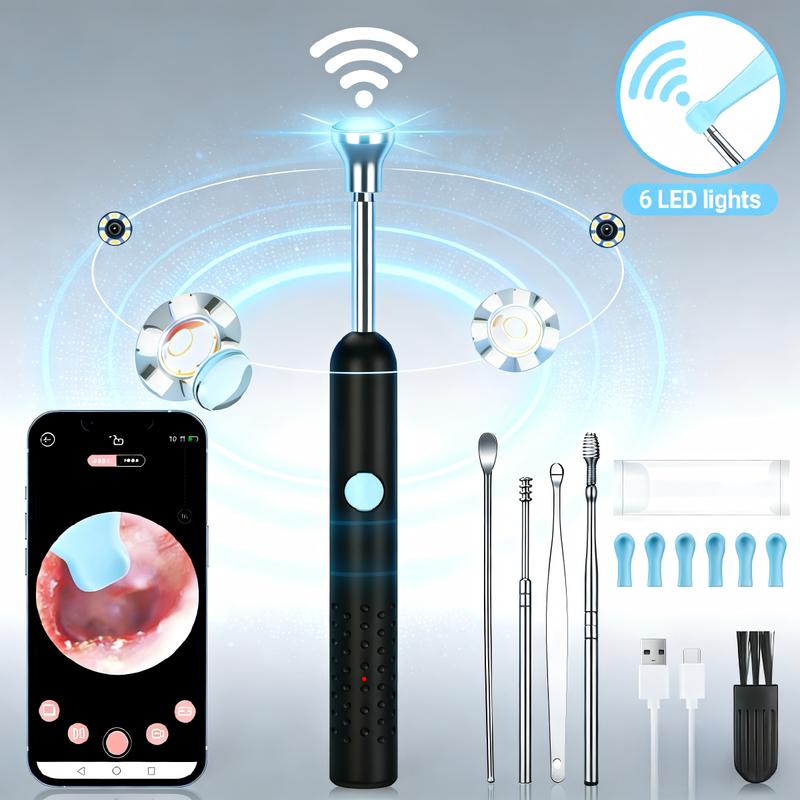 Smart 1080P HD Ear Camera Kit 9 Piece Set for iPhone & Androidh 6-9 Soft Silicone Spoons & Rechargeable Battery Black Safe Wax Removal Tool wit