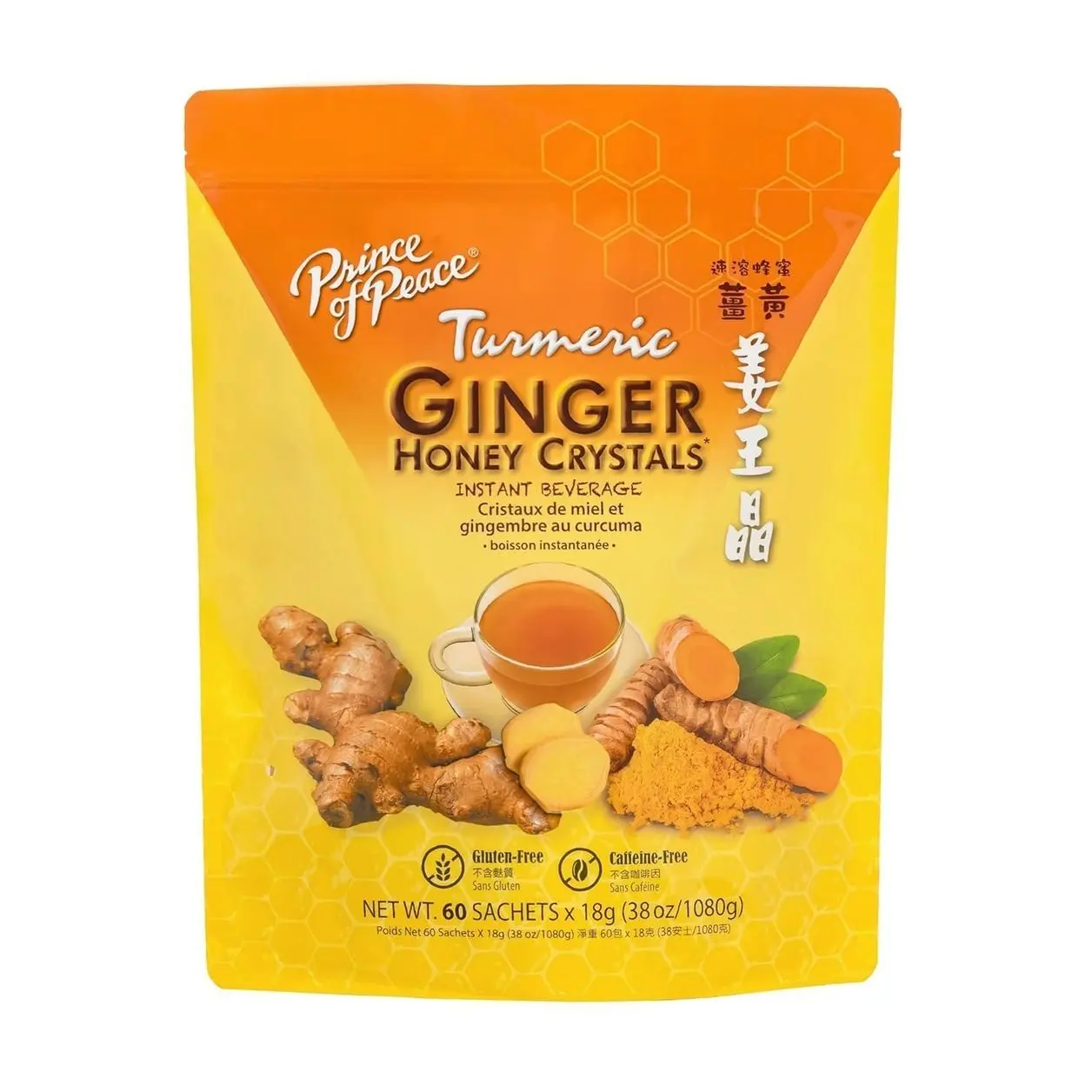 Prince of Peace Instant Ginger Honey Crystals with Turmeric, Value Pack 60 Sachets – Instant Hot or Cold Beverage Easy to Brew – Drink Like a Tea – Caffeine and Gluten Free – Real Ginger 38oz (1080g)undefined