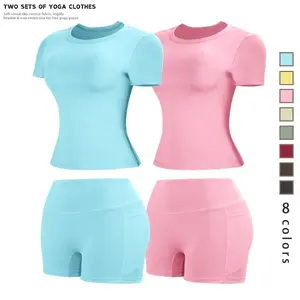 New Women's Sports Two-Piece Set, Yoga Running Quick-Drying Breathable Short-Sleeve Set, High-End Solid Color Comfortable Fitting Shorts Set, Suitable for Yoga, Gym Workouts, Running and Daily Wear, Available in Multiple Colors