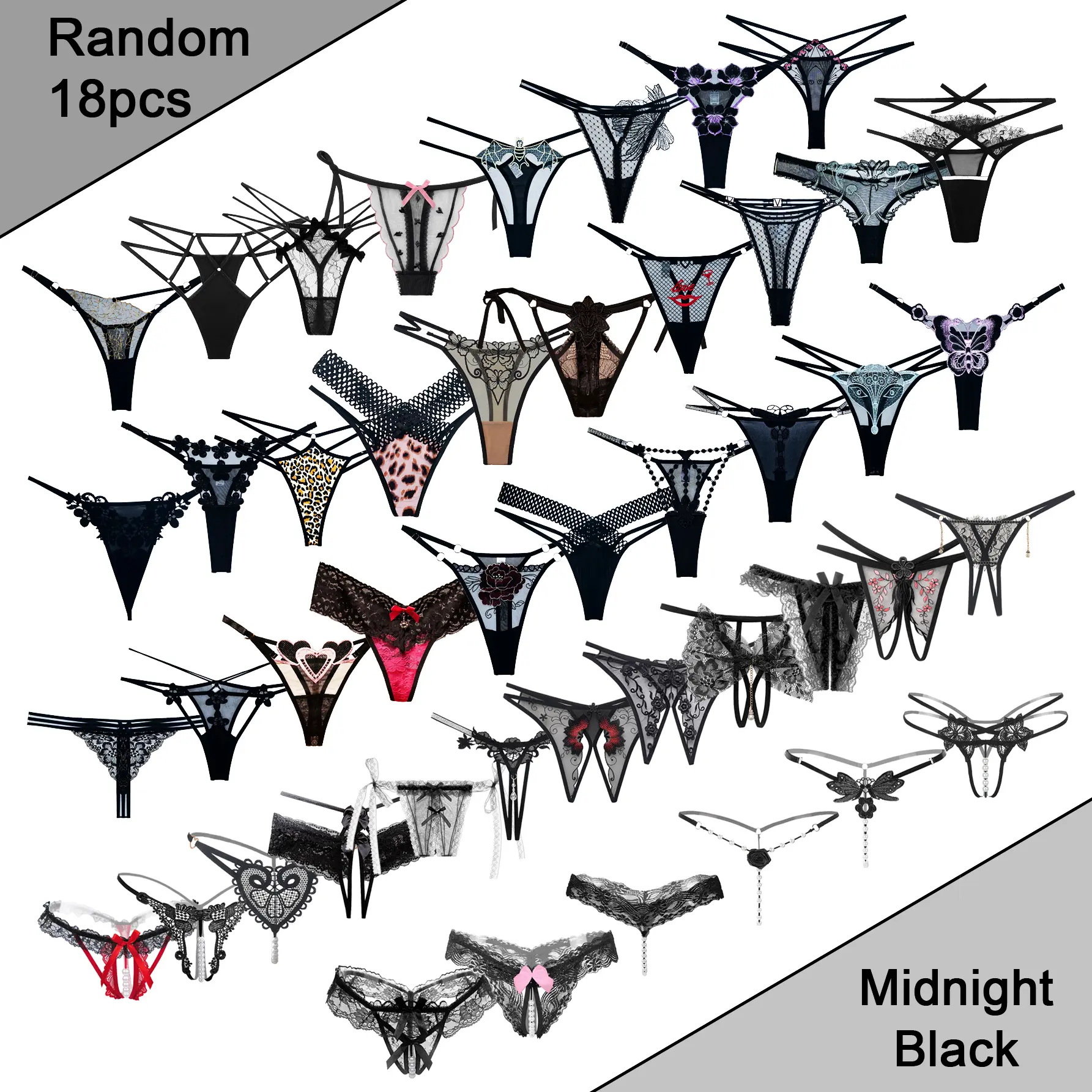 Women's High-Quality Lace Thongs (18-Pack, Random Styles) - Midnight Black, Adjustable Waistband, Beaded Gusset, No Crotch, Embroidered, Elegant Sexy Cut, Breathable Soft Fabric, Fashion Panties for Halloween, Christmas, Birthday