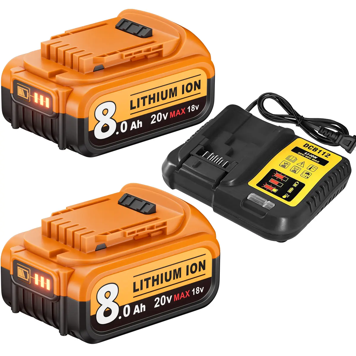 Dewalt 20V Lithium Ion Battery & Charger Combo (2-Pack, 8.0Ah, 160Wh, CE ROHS Certified) - 12V-20V DCB112 Charger, Compatible with Dewalt 20V Max DCD/DCF/DCG Series Cordless Power Tools, Lithium Ion Batteries