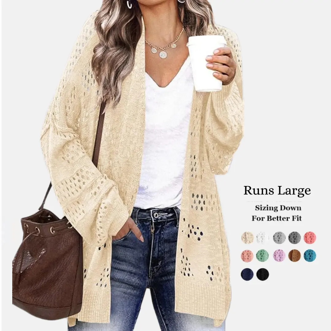 Women's Elegant Oversized Crochet Cardigan, Baggy Long Sleeve Open Front Knitwear, Lightweight Fabric with a Vintage Vibe for Summer,back to school,back to school shopping