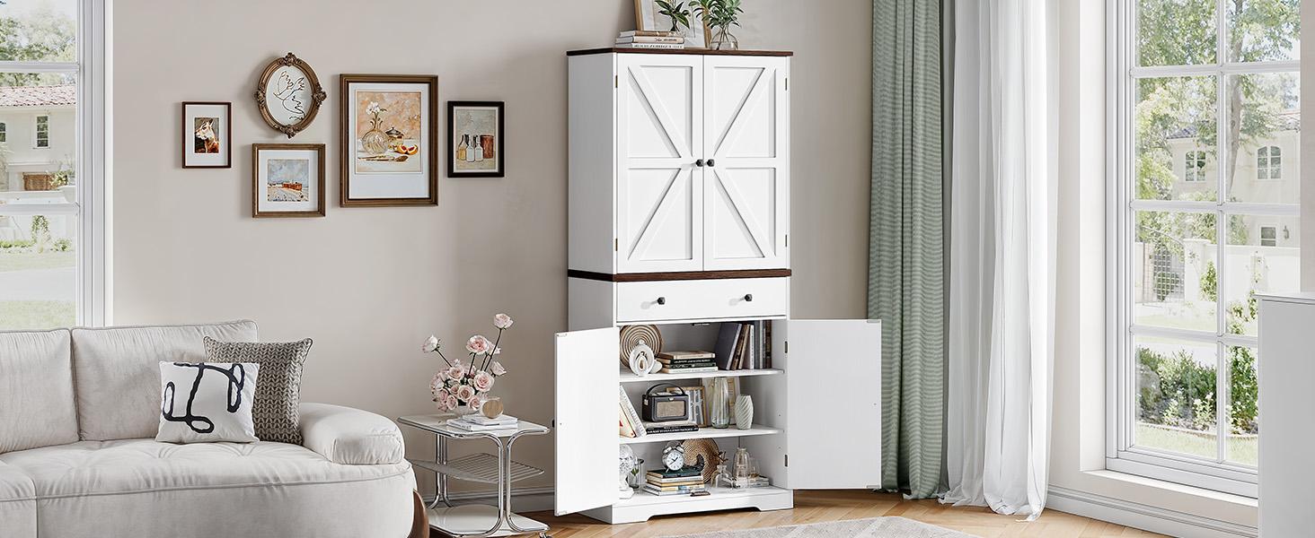 【SPOTLIGHT DAY】ONBRILL 71" Tall Farmhouse Kitchen Pantry Cabinet with 6 Door Shelves & Drawer Wood Storage Cabinet 2 Adjustable Shelves 4 Barn Doors Freestanding Cupboard for Kitchen Dining Room