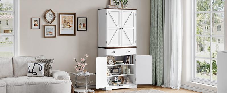 【Valentine's Day Gift】ONBRILL 71" Tall Farmhouse Kitchen Pantry Cabinet with 6 Door Shelves & Drawer Wood Storage Cabinet 2 Adjustable Shelves 4 Barn Doors Freestanding Cupboard for Kitchen Dining Room
