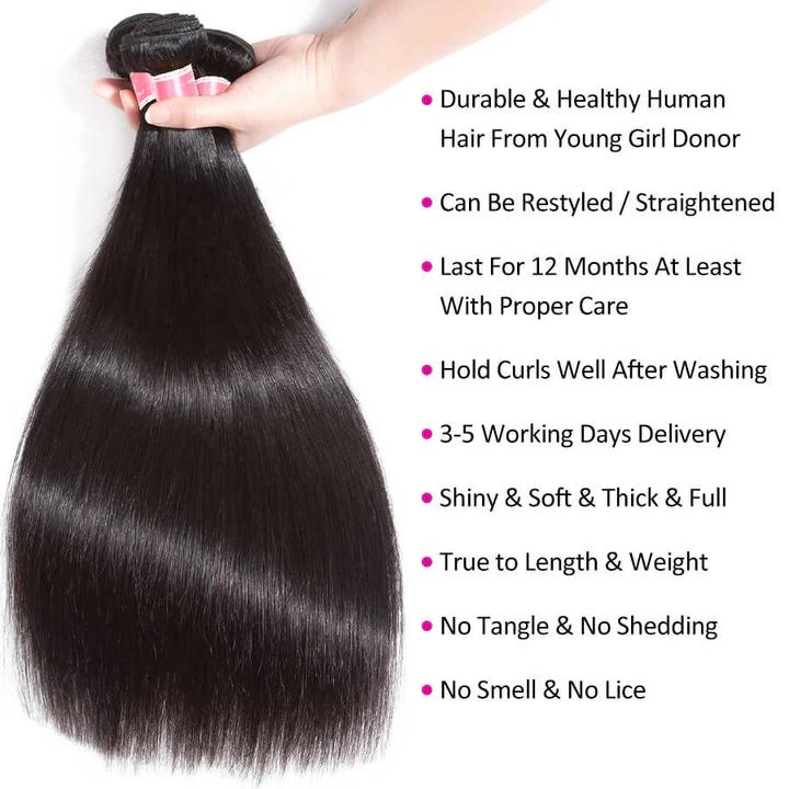 Pizazz Hair 10A Grade Brazilian Straight Hair 100% Virgin Human Hair Bundles 12-30 Inch Straight Weave Extensions