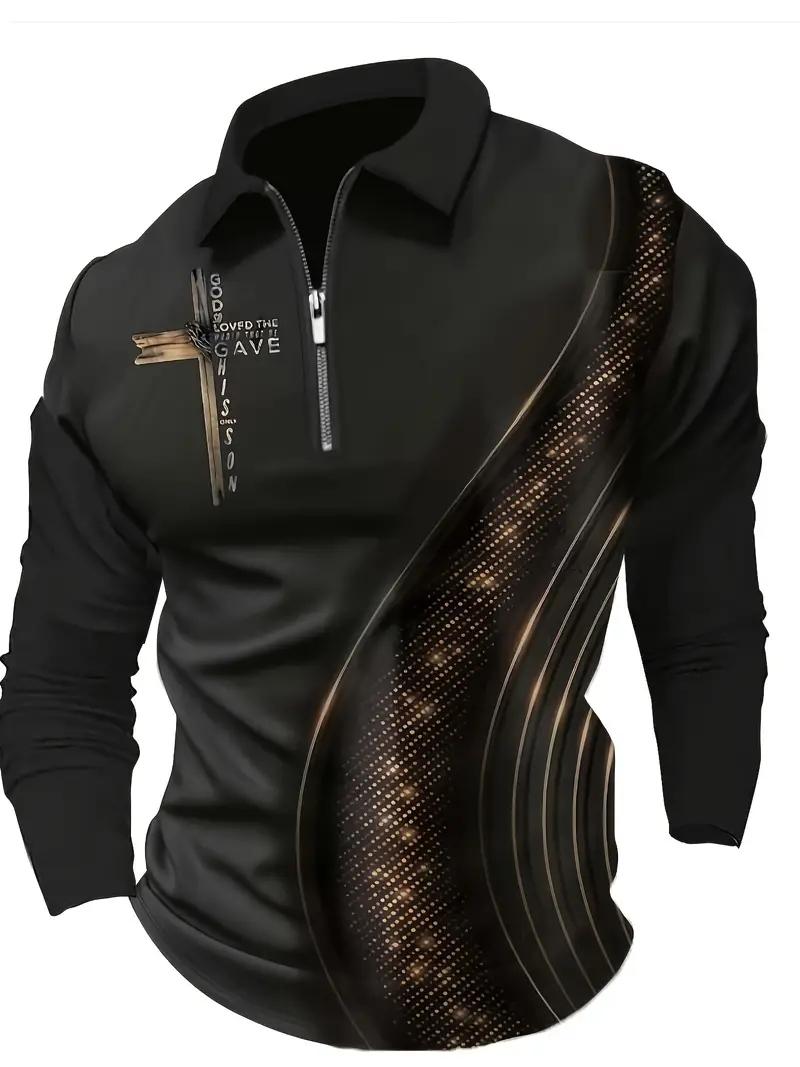 Men's black gold contrasting half zipper polo shirt | Light luxury style slim fit long sleeved cross print trendy brand top Chic Elegant Casual Menswear[100% Polyester]