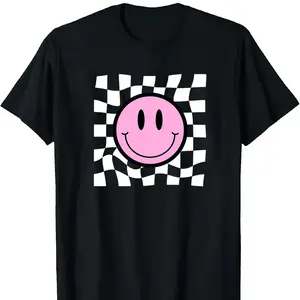 Smiley Face Shirt, Flower Shirt, Retro Smile Face, Trendy Vintage Graphic Tee, Checkered T-shirt, Plus Size Happy Face Tshirt