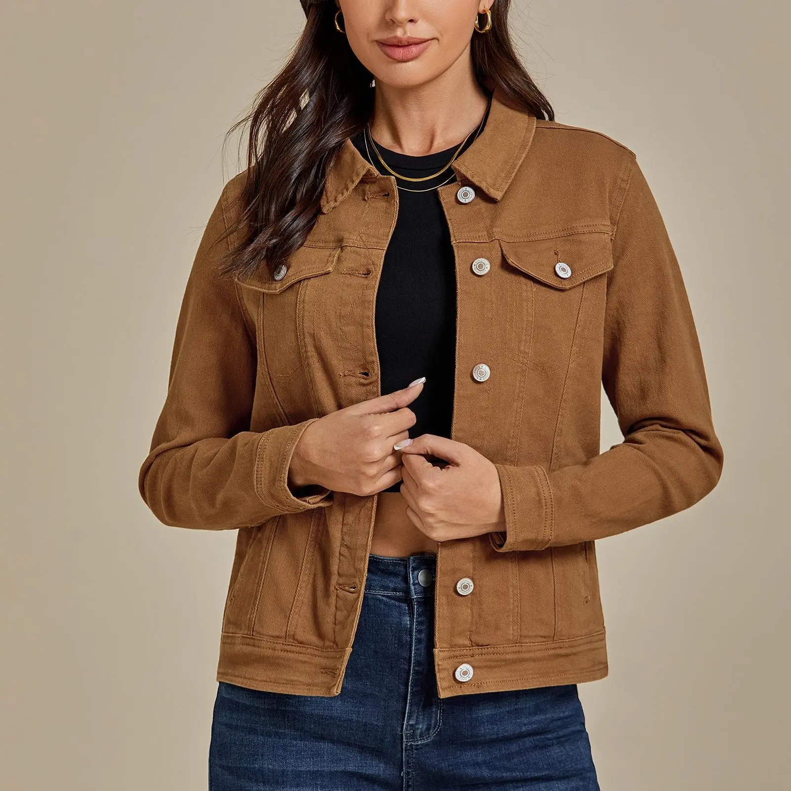【Blue Waters’ Viral Picks】GRAPENT Women's Basic Button Down Long Sleeve Stretchy Jean Trucker Denim Jacket with Vintage Style for Casual Wear Collared Coats Coats