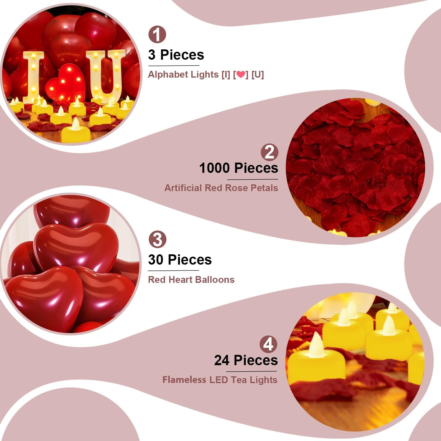 I Love U Light Up Letters Proposal Decorations with 24 Flameless Candles 1000 Red Rose Petals & 30 Red Balloons for Valentine's Day Wedding Romantic Night
