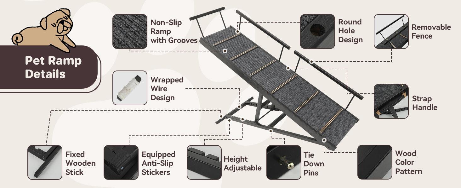 Dog Ramp for Bed, Folding Portable Wooden Dog & Cat Ramps for Couch or Bed, Including Non Slip Mat & Safety Side Rails, 64.2 Inch Long and Height Adjustable from 13.4 Inch to 38 Inch Up to 110 Lbs PA923