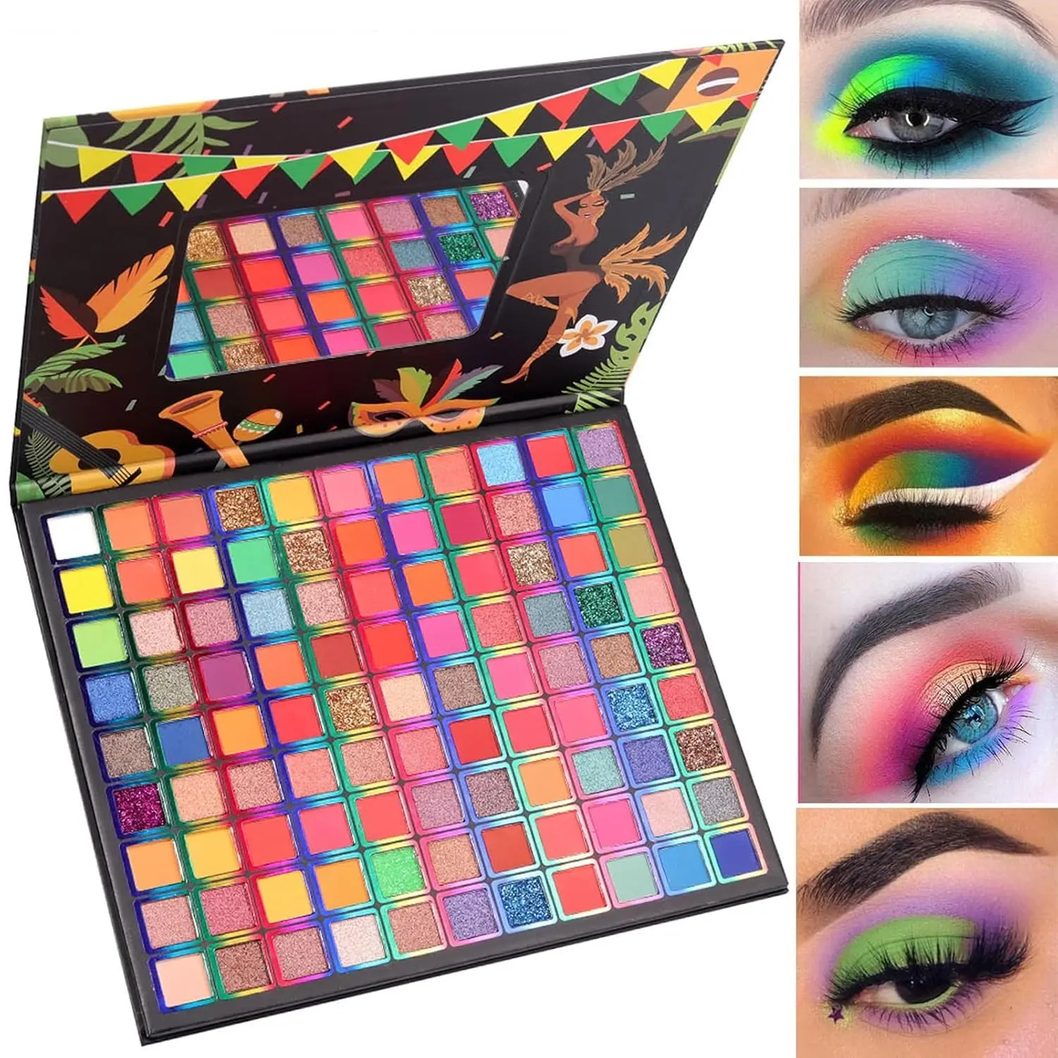 99 Colors Brazilian Carnival Eyeshadow Palette with Built-in Mirror, Vibrant & Pigmented Matte, Shimmer & Glitter Finishes, Makeup Palette for Cosplay, Festival, Ideal Gift