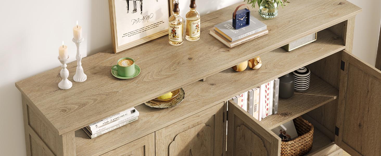 【SPOTLIGHT DAY】ONBRILL 60 Inches Sideboard Buffet Cabinet with Storage, Large Credenza with 4 Carved Doors, Open Storage Shelf, Adjustable Shelves, Coffee Bar Cabinet for Kitchen, Living Room