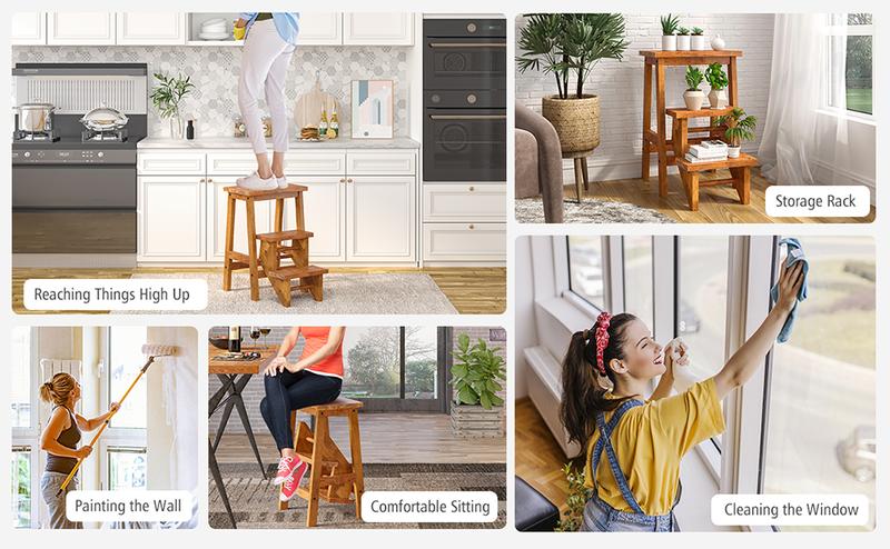 【Costway】3 Tier Folding Step Stool/Ladder Chair, 24"/30"/35" 3-in-1 Wood Foot Stool Display Storage Shelf Flower Rack for Home, Kitchen, Library