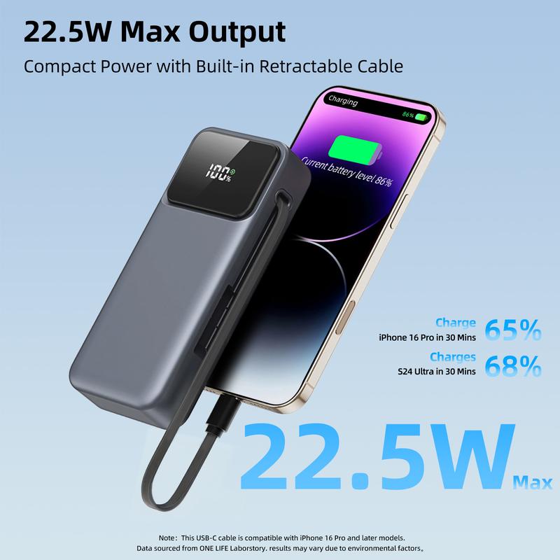 ONE LIFE Retractable-Cable Power Bank 10,000mAh 22.5W USB-C Fast Charging Dual Input/Output LED Display Compact Travel Charger for iPhone 16/15 & Samsung Galaxy Space Gray Digital