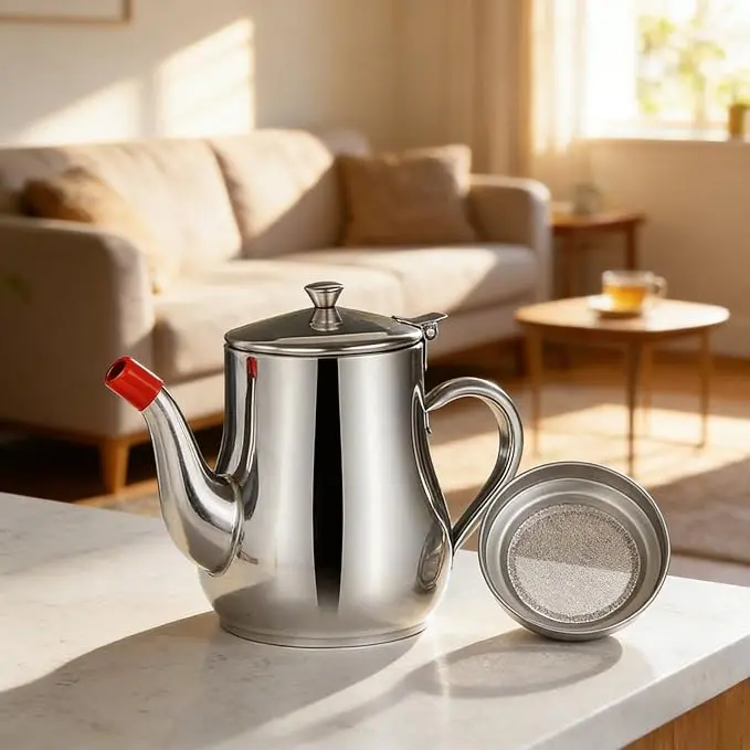 2-in-1 Oil Storage & Strainer Pot, Food Grade Stainless Steel Oil Filter Container with Fine Mesh Strainer, Multi-Purpose Grease Kettle for Filtering Chili Oil, Frying Oil & Bacon Grease Kitchen Tool