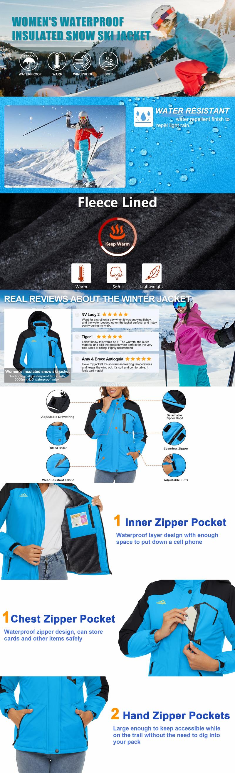 MAGCOMSEN Women's Waterproof Ski Jacket Hooded Fleece Lined Warm Winter Jacket Snow Coat Mountain Windproof Rain Windbreaker FallFreshness Outdoorfun