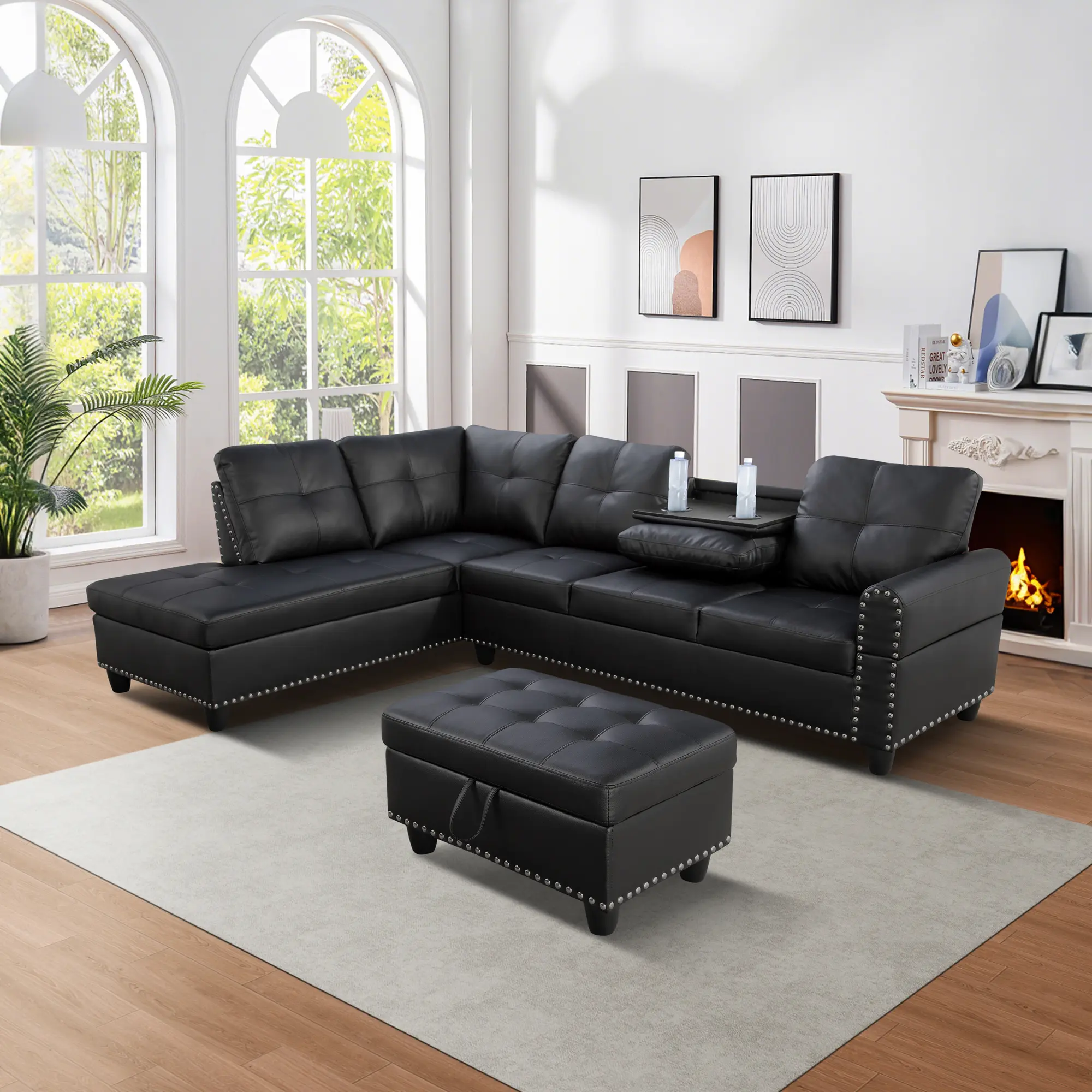 Black Faux Leather Sectional Sofa Set, 3-Piece Synthetic Upholstered Modern Living Room Couch, Sturdy Frame, Easy Assembly, Durable Indoor Furniture