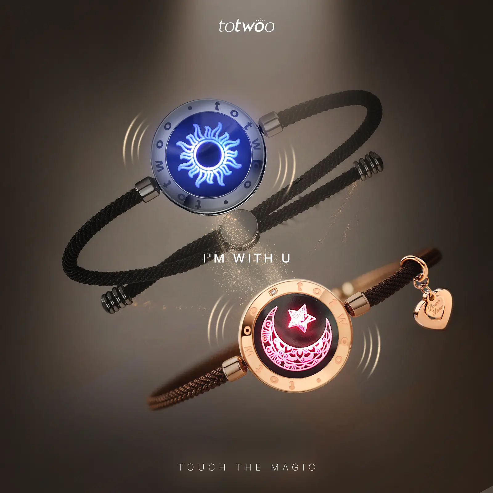 Totwoo Long Distance Touch Bond Smart Bracelets - Sun & Moon Design, Cute Couple Matching Sets, Female Romance Distance Gift, BF & GF Friendship Connection Wearable Device, Love, Couple Gifts For Adults