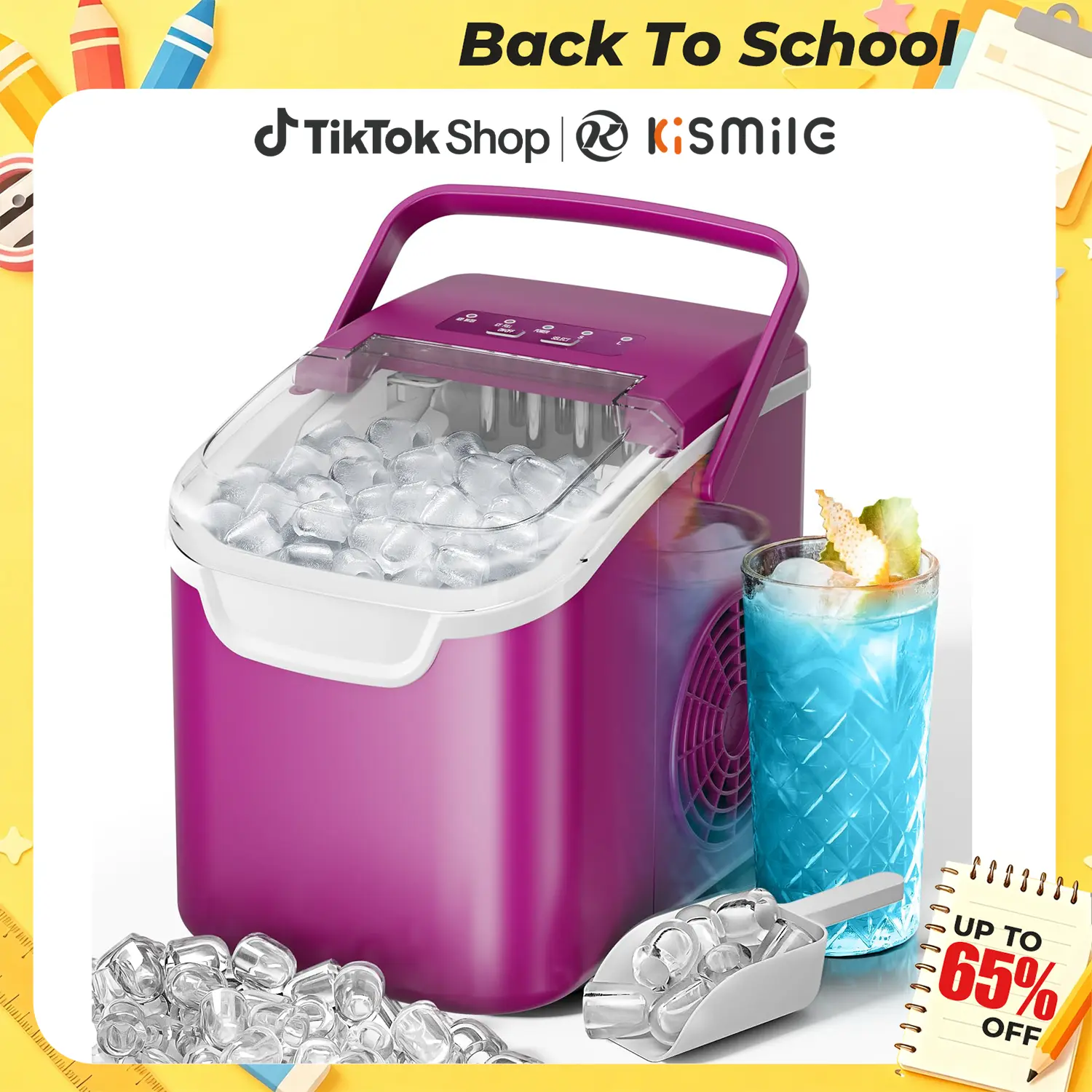 Back To School - Kismile Countertop Icemaker with Handle - Bullet Ice Making Machine, 8 Cubes in 6 Mins, Portable Self-Cleaning Ice Machine for Home/Office (Purple)