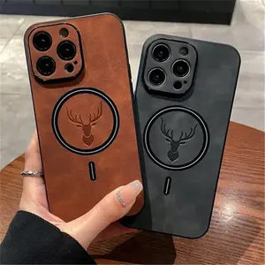 OREKROY Elk Deer Design PU Leather Phone Case For iPhone 17 16 15 14 13 12 Pro Max Shockproof Magnetic Bumper Case Compatible with Mag Safe Wireless Charging Anti-Scratch Camera Protection