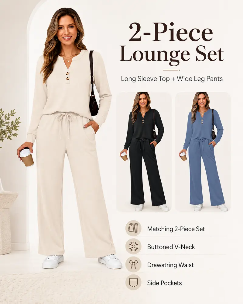 Wiholl Women's 2-Piece Fashion Lounge Set - Long Sleeve Top & Pants, Wide Leg Palazzo, Casual Set for Fall Travel Airport Outfits
