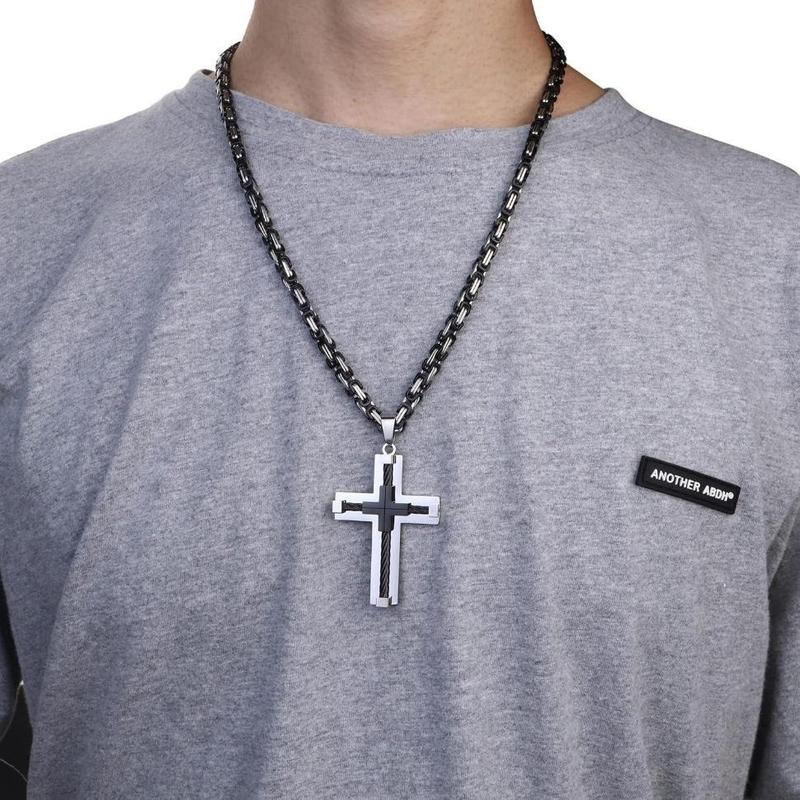 MILACOLATO Stainless Steel Large Cross Chain Silver/Gold/Black Cross Pendant Byzantine Chain Necklace Cross Necklace for Men ,24" Daily