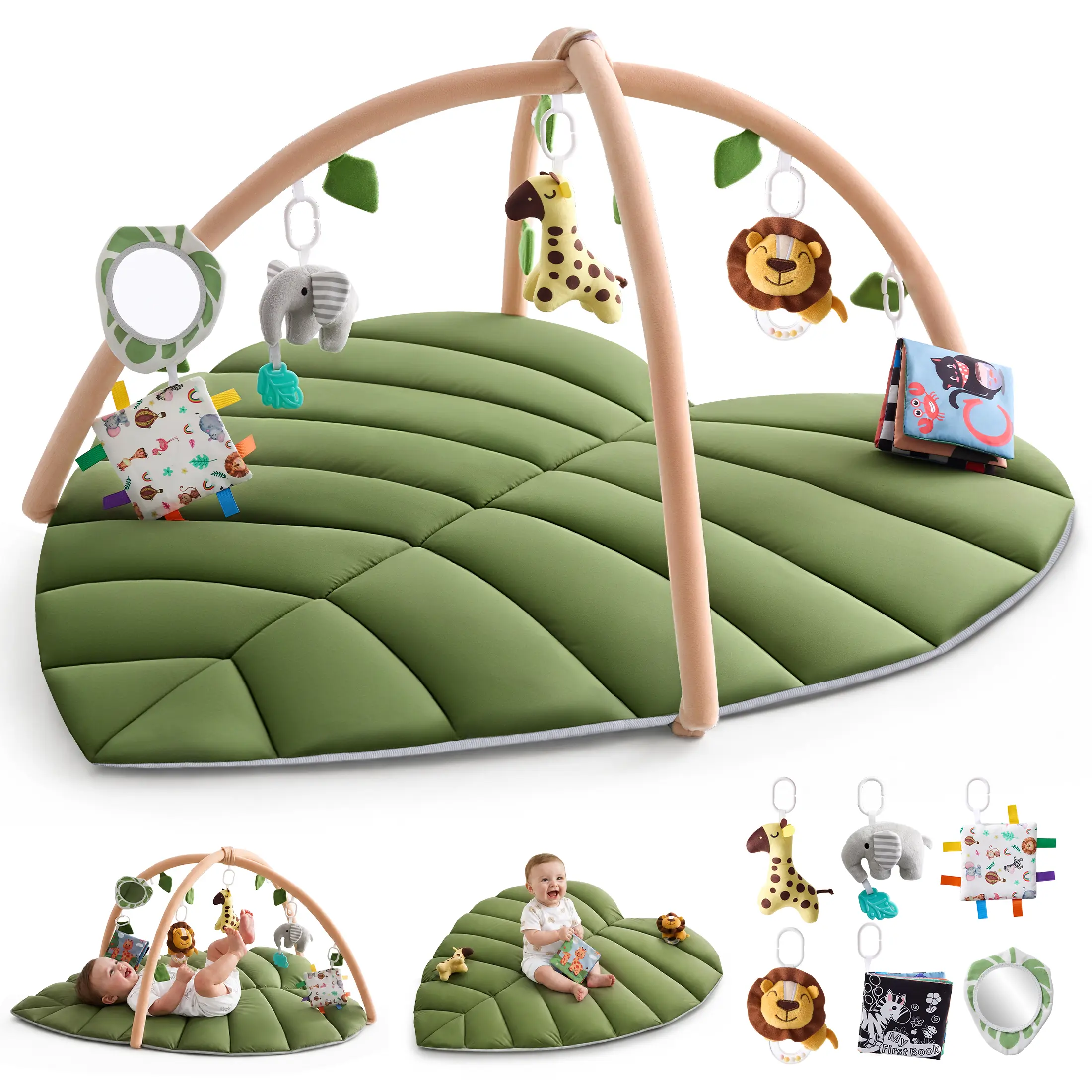 [backtoschool ]Harppa Baby Folia Play Gym - Leaf-Shaped Unisex Baby Activity Mat, Infant Play Mat with 6 Detachable Toys, Machine Washable Playmat for 0-36 Months Newborns & Toddlers (Tummy Time Use), Tummy Time Mat