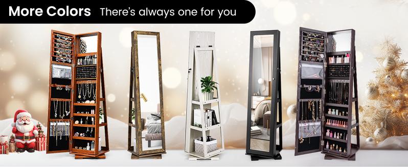 COSTWAY 360° Swivel Jewelry Armoire with Full Length Mirror, Standing Lockable Jewelry Cabinet Organizer, Large Storage Capacity, Inside Makeup Mirror, Back Storage Shelves -costst