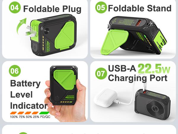 P05 Portable Charger, Magnetic Power Bank, Small Wireless PowerBank, Battery Pack10000mAh Travel Essentials Fast Charging With Built in Cable, Foldable Wall Plug for iPhone,Samsung,Andriod