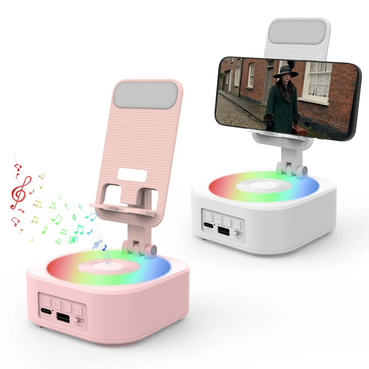 MEKO Wireless Bluetooth Speaker with USB-A, Built-in Li-ion Battery - 5-in-1 Rechargeable Emergency Device, 300° Foldable Phone/Tablet Holder, Colorful Ambient Light - Gifts for Men, Pink (Compatible with iPhone/Android) Audio Portable Cable
