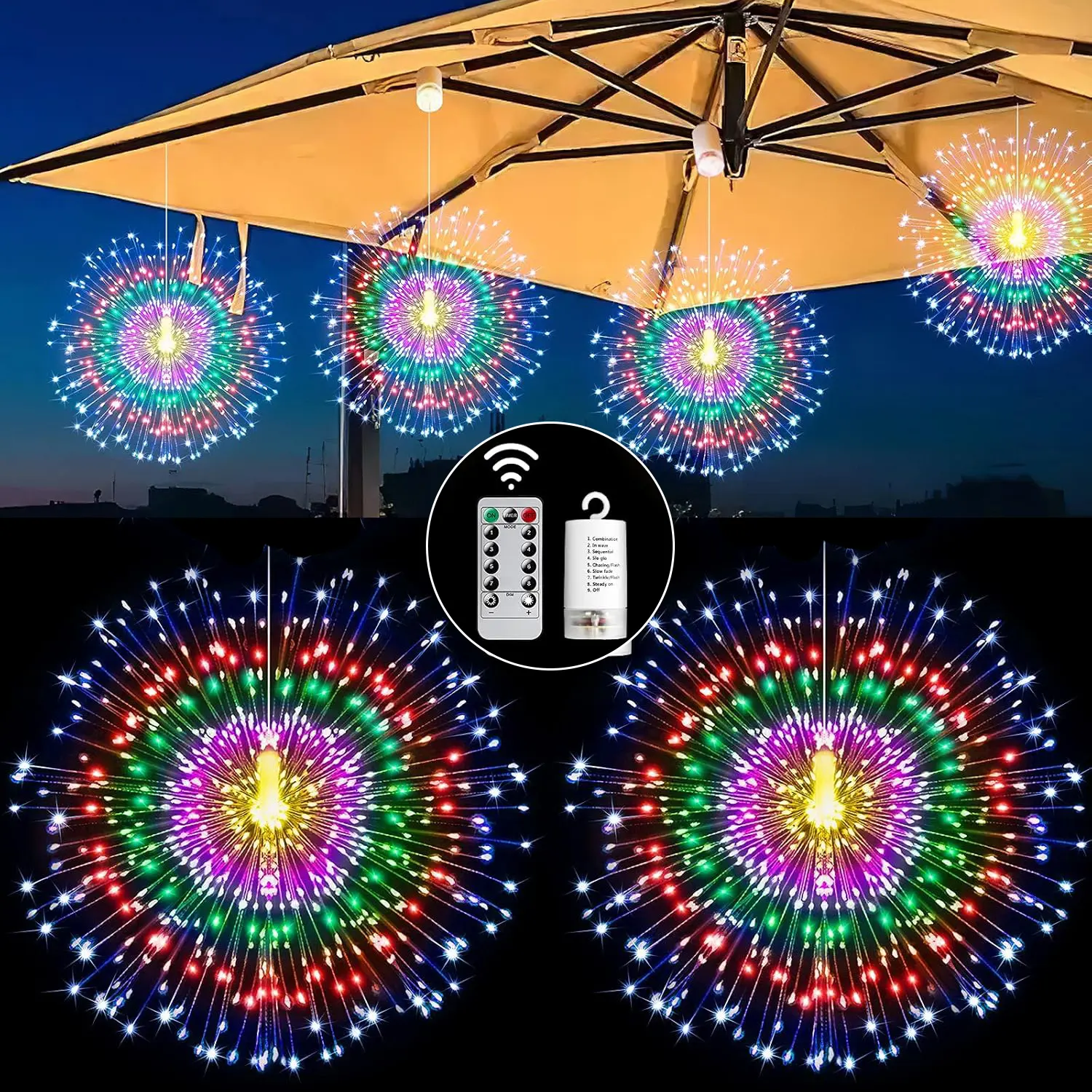 PheiLa 2-Pack Copper-Plastic Starburst Hanging Sphere Lights, 200LED Remote Control Dimmable 8-Mode Timed Lights for Indoor/Outdoor Christmas Decoration, Starburst Lights