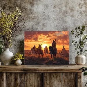 1pc Large Native American Western Wall Art - Framed Canvas Painting with Teepees, Horses, Warriors & Sunset - Warm Brown, Orange, Red, Golden, Black, White, Beige - Living Room, Bedroom, Office Decor - Cultural Decoration for Southwestern, Ranch, o