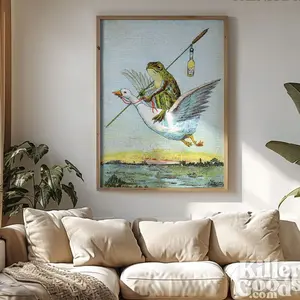 Vintage Frog Art Print: Stork Ride, Retro Kitsch Poster V