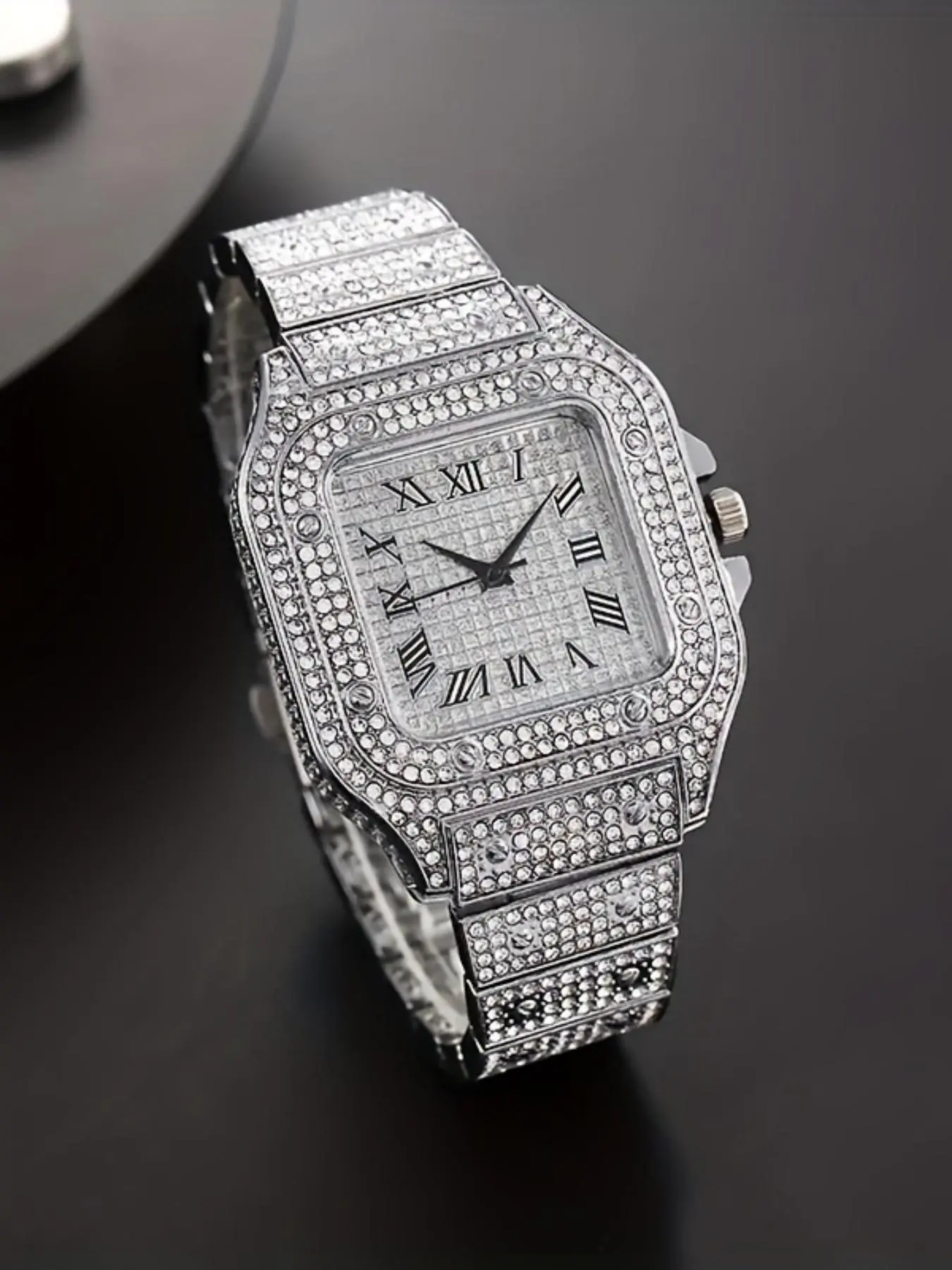A square-shaped men's quartz watch featuring a starry sky design on the dial, stainless steel strap, diamond embellishments, and Roman numerals, Modern Fashionable Wristwatch, Casual Trendy Wristwatch, Stylish Watch, Quartz Analog Watches